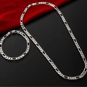 Sterling Silver Figaro Necklace & Bracelet Set - Shiny Silver